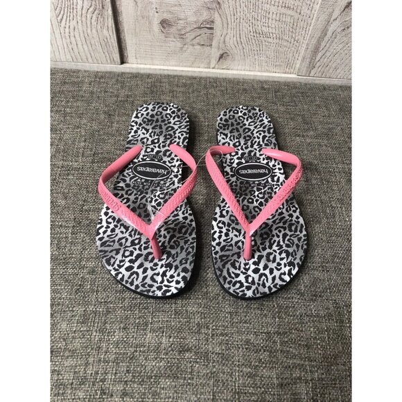 Havaianas Girls Size 2 Youth Flip Flops Black White Pink Leopard Print Sandals - Picture 5 of 7